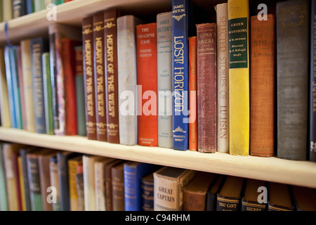 Hardcover books on shelves at a used bookstore. Stock Photo