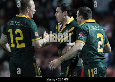 13.11.2011 Wrexham Wales. Beau Scott Darius Boyd (St George Illawarra) Josh Morris  In action during the Gillette Four Nations Rugby League match between New Australia and Wales played at the Racecourse Ground. Stock Photo