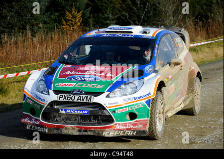 13.11.2011 Powys, Wales. Rally winners Jari-Matti Latvala (FIN) and Co-Driver Mikka Anttila (FIN) in the #4 Ford Abu Dhabi World Rally Team Ford Fiesta RS WRC arrive at the end of the Monument Power Stage (SS23) during Day 4 of the FIA WRC Wales Rally GB. Stock Photo