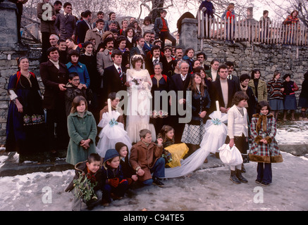 Local extended family poses for a wedding photograph in the small northern mountain town of Metsovo, Greece Stock Photo