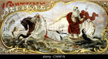 Neptune, 2 nymphs and 2 horses pulling Neptune through water Stock Photo