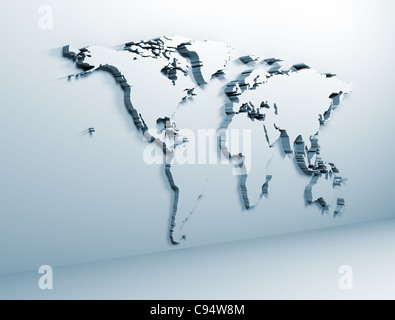 Metal blue world map on wall Stock Photo