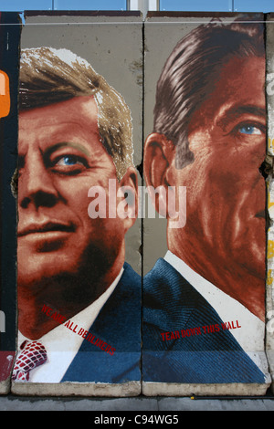 JFK & RONALD REAGAN PORTAITS & GRAFFITI BEHIND THE BERLIN WALL. PRESENTED BY THE WENDE MUSEUM LOS ANGELES CALIFORNIA USA 13 No Stock Photo