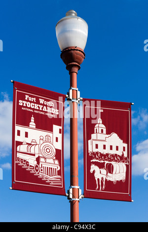 National Historic District pennants on Exchange Avenue, Stockyards District, Fort Worth, Texas, USA Stock Photo