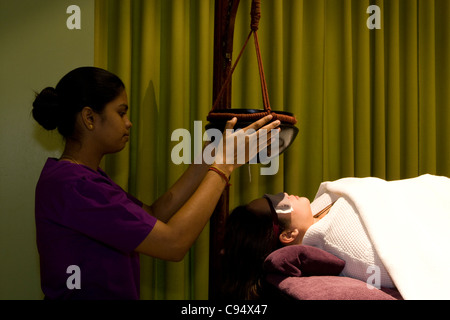 Spas: Ayurlly Ayurvedic Spa [formally Mayoory Ayurvedic Spa] - Shirodhara oil treatment Stock Photo