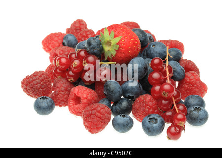 Image of a heap of various berry fruits photographed in a studio against a white background. Stock Photo