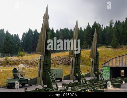 Coe pass, Trentino, Italy. Cold war. Ex NATO base Tuono ( Thunder). Missiles Nike-Hercules on launch pads. Stock Photo