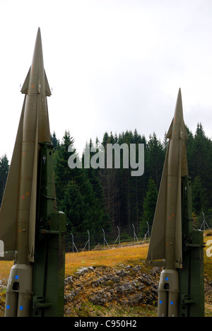 Coe pass, Trentino, Italy. Cold war. Ex NATO base Tuono ( Thunder). Missiles Nike-Hercules on launch pads. Stock Photo