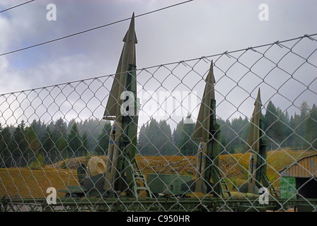 Coe pass, Trentino, Italy. Cold war. Ex NATO base Tuono ( Thunder) .Missiles Nike-Hercules on launch pads. Stock Photo