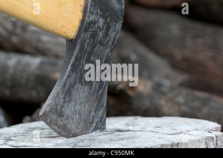 an ax on a wooden chopping block with a kiawe wood pile in background Stock Photo