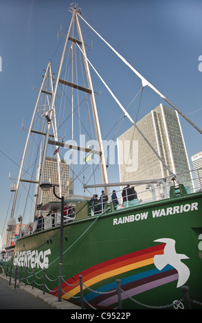The new Greenpeace ship Rainbow Warrior III welcomes aboard supporters while docked at South Quay, Canary Wharf. Stock Photo