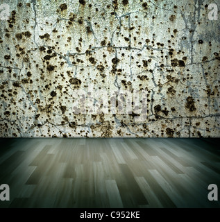 Interior design - dirty wall and wooden floor with low perspective Stock Photo