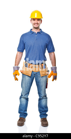 portrait of caucasian manual worker on white Stock Photo