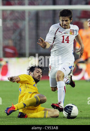 ***FILE PHOTO***German Bundesliga team VfL Wolfsburg shows interest in Czech national soccer player and player of FC Viktoria Plzen Vaclav Pilar. Pilar (right) plays ball ahead of Artem Milevskyi of Ukraine during friendly soccer match Czech Republic vs Ukarine on September 9, 2011 in Prague, Czech Stock Photo