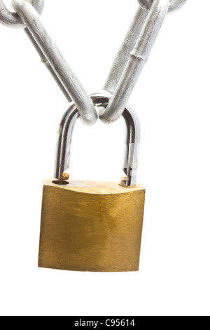 Padlock and chains closeup on white background Stock Photo