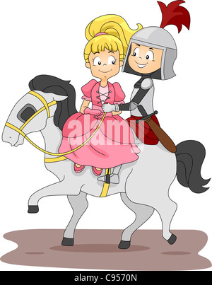 Illustration of a Knight and Princess Riding a Horse Stock Photo