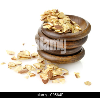 Sliced Almonds In Wooden Bowls, Close Up Stock Photo