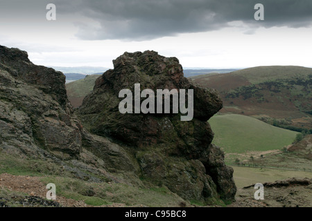 aer Caradoc in the Shropshire Hills offers an close insight into the ancient rock formations at it`s summit. Stock Photo