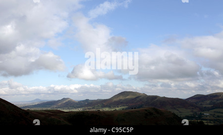 Viewed from Th  Longmynd,the Shropshire Hills takes in Caer Caradoc,The Lawley,Wilstone Hill and The Wrekin. Stock Photo