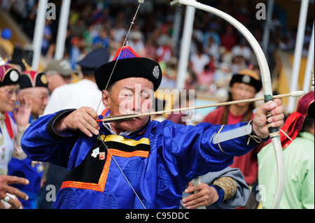 Archery competition during the Traditional Naadam Festival in Ulan Bator, Mongolia Stock Photo