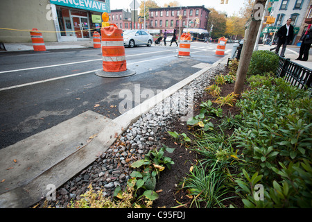 One of the new bioswales installed by the NYC Dept. of Environmental Protection Stock Photo