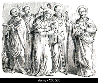 Depicts St. Dominic, St. Alphonsus Maria de Liguori, St. Benedict of Nursia, St. Francis of Assisi, St. Ignatius of Antioch Stock Photo