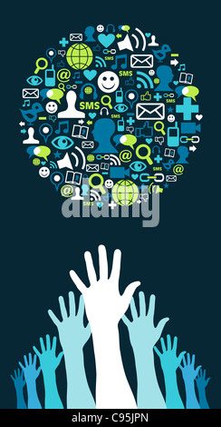 Several hands trying to reach a globe made with social media icons on blue background. Vector file available. Stock Photo