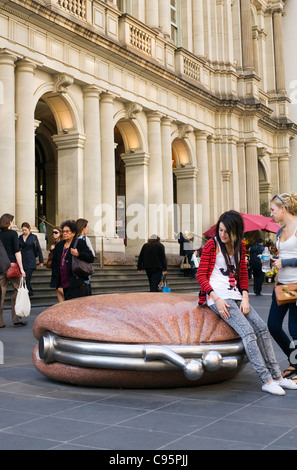 Purse sculpture in front of the GPO building, on the Burke Street Mall.  Melbourne, Victoria, Australia Stock Photo