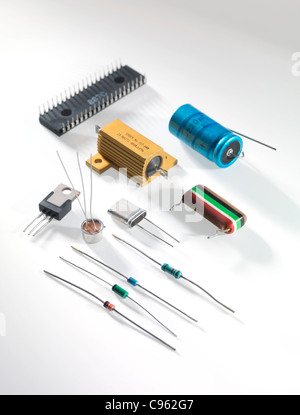 Electronic components including resistors, transistors, capacitors and integrated circuits. Stock Photo