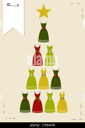 Christmas tree made of multicolored dresses with a yellow star on the top on pink background. Vector file available. Stock Photo