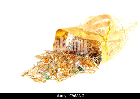 Full bag of a gold jewelry on a white background Stock Photo
