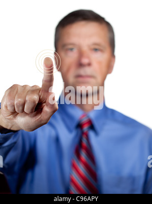 Senior executive or security man opens sensor by pressing finger onto the plate Stock Photo