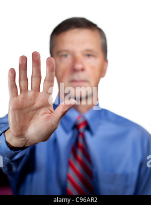 Senior executive or security man opens sensor by pressing hand onto the plate Stock Photo