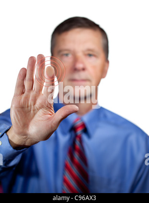 Senior executive or security man opens sensor by pressing finger onto the plate Stock Photo