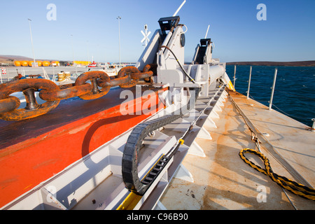 A Wello wave energy generator on the dockside at Lyness on Hoy, Orkney Isles, Scotland, UK. Stock Photo