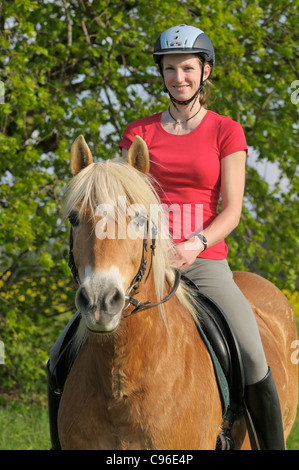 Young rider on back of a Haflinger horse in spring Stock Photo