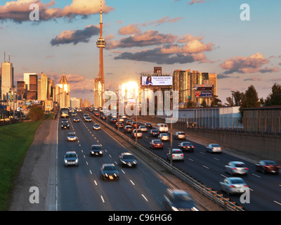 Sunset scenery of downtown Toronto and Gardiner Expressway. Ontario, Canada. Stock Photo