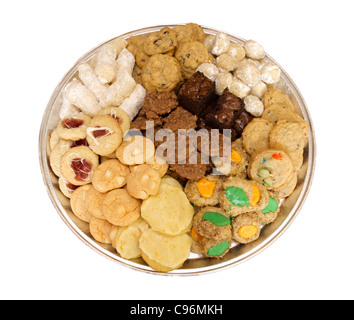 Homemade fresh baked assortment of cookies on tray isolated on white Stock Photo
