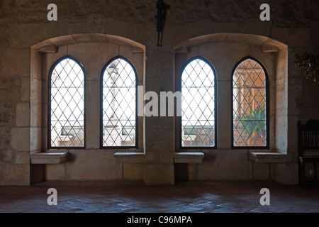 Gothic windows in the Palatial Residence (Paços Novos) of the Leiria Caste. Leiria, Portugal. Stock Photo