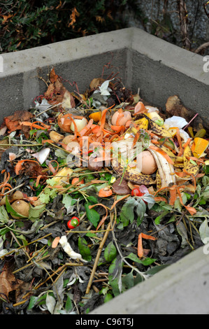 Garden compost heap with plant material and kitchen waste. Stock Photo