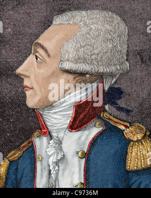 Marie-Joseph Paul Yves Roch Gilbert du Motier, Marquis de La Fayette (1757-1834), known as simply Lafayette. Colored engraving. Stock Photo