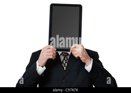 Businessman Holding a Tablet Computer in Front of His Face Stock Photo