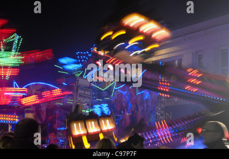 All the lights and colours of Loughborough street fair. The center of the town becomes one massive street fair every November. Stock Photo