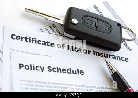 Motor insurance certificate with car key Stock Photo
