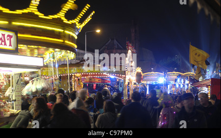 All the lights and colours of Loughborough street fair. The center of the town becomes one massive street fair every November. Stock Photo