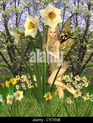 Daffodil Fairy with Spring Background Stock Photo