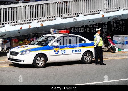 South Korean Police stopping vehicles for checks in Busan. Stock Photo