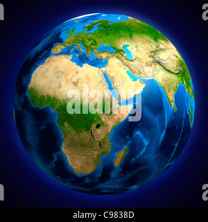 View of the Earth globe from space showing African, European and Asian continents. Isolated on dark blue background. Stock Photo