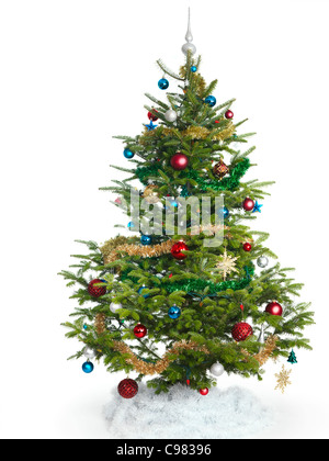 Decorated real Christmas tree isolated on white background Stock Photo