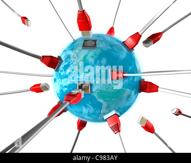 Network cable connectors plugging into the Earth globe. Internet connection WWW communications ISP network conceptual illustrati Stock Photo